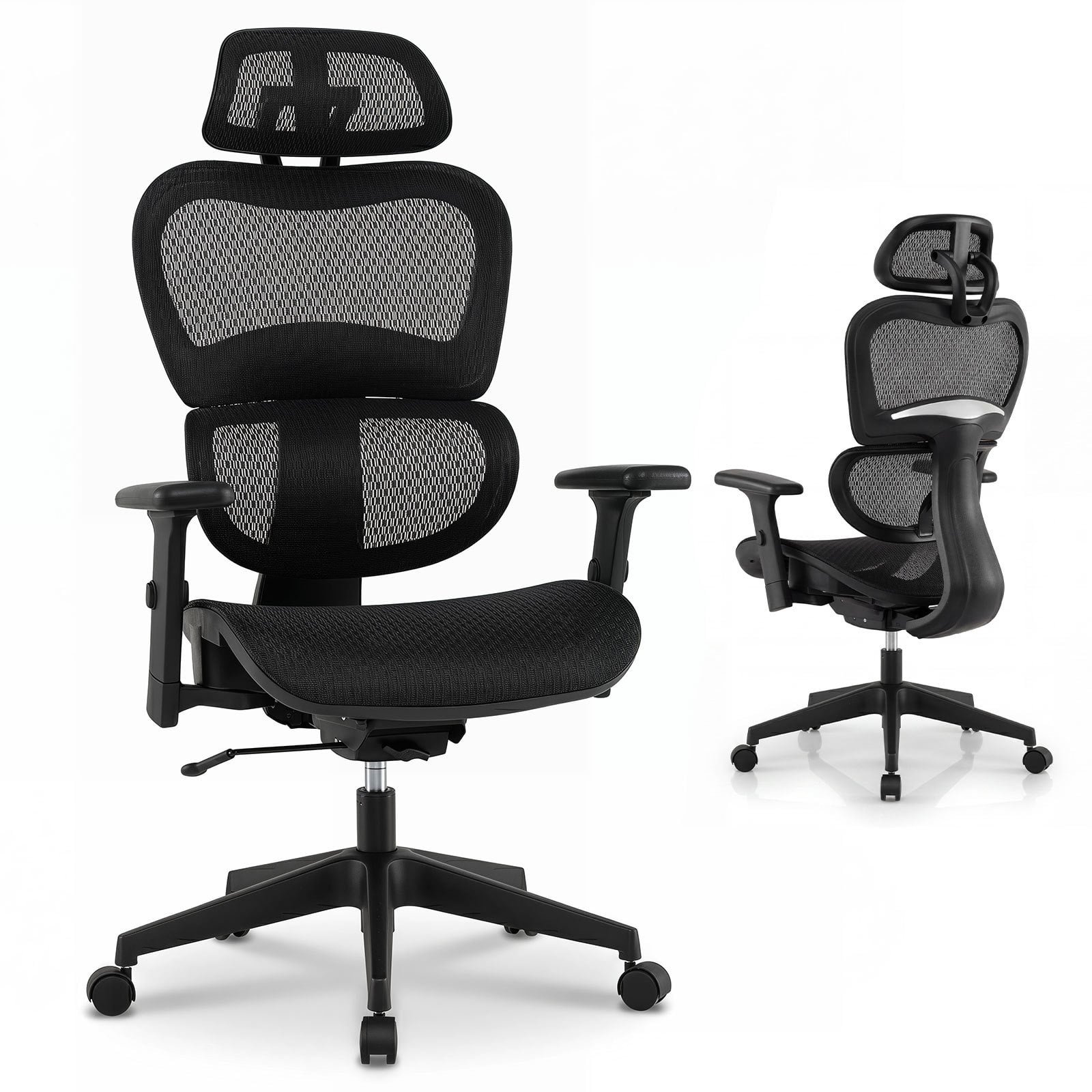 Ergonominė biuro kėdė su tinkleliu reguliuojama galvos atrama ir porankiais (Juoda) Ergonominė biuro kėdė su tinkleliu reguliuojama galvos atrama ir porankiais (Juoda)
