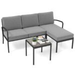 Lauko baldų komplektas 3 dalių patogus: L formos sofa ir kavos staliukas (Pilka)
