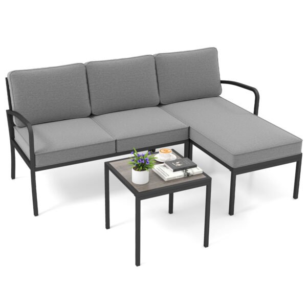 Lauko baldų komplektas 3 dalių patogus: L formos sofa ir kavos staliukas (Pilka)