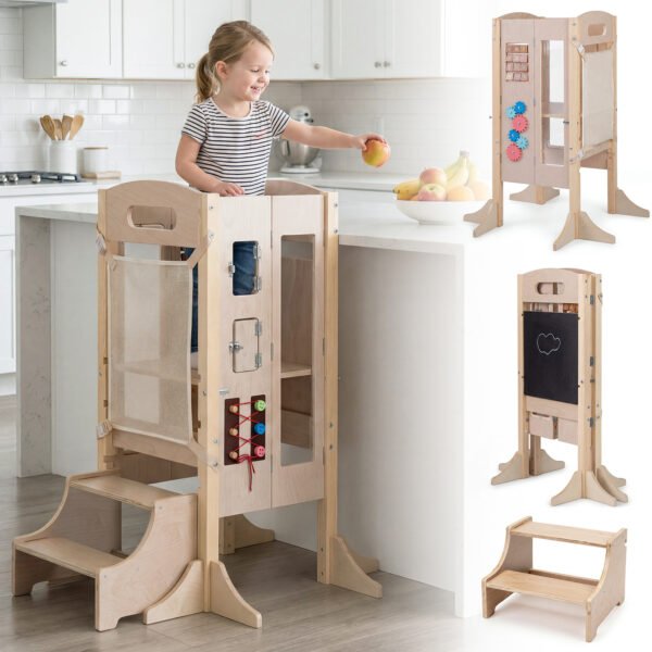 Mokymosi bokštelis Montessori sulankstomas 3-in-1 su apsauga nuo apvirtimo (Natūrali)