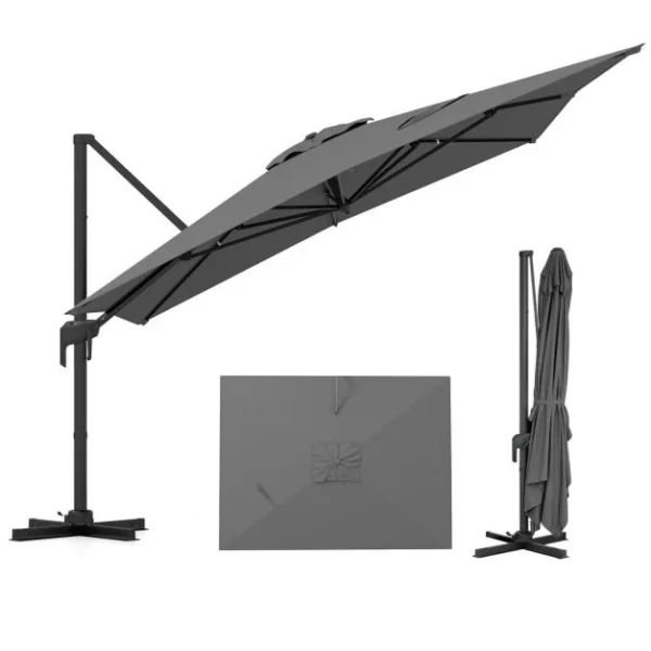 Sodo skėtis didelis stačiakampis pasukamas 360° ir su alkūniniu mechanizmu 300 x 390 cm (Pilka)