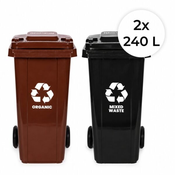 Atliekų konteinerių rinkinys 2x240 l iš HDPE su guminiais ratais