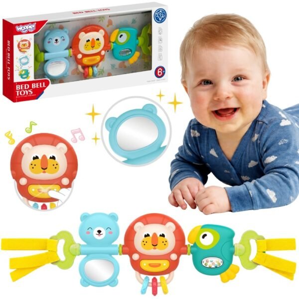 Jutiminė pakabinama vežimėlio ir lovelės panelė su barškučiais ir veidrodėliu