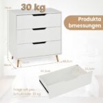 Moderni komoda su 3 stalčiais ir metalinėmis kūginėmis kojelėmis (Balta) – Paveikslėlis 2