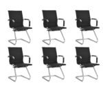 Modernių biuro kėdžių komplektas (6 vnt.) su ergonomišku atlošu rogučių pagrindu (Juoda)