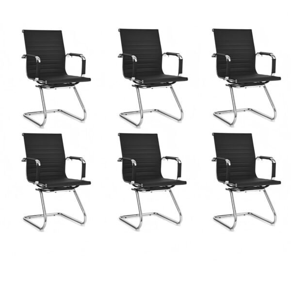 Modernių biuro kėdžių komplektas (6 vnt.) su ergonomišku atlošu rogučių pagrindu (Juoda)