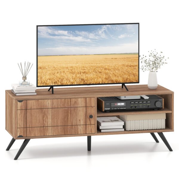 Modernus TV staliukas su uždara spintele ir atviromis lentynomis (Pilkas ąžuolas)