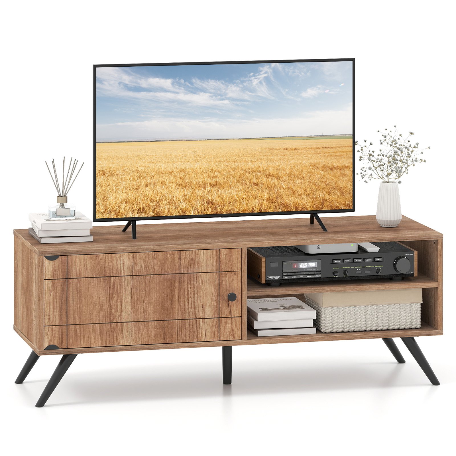 Modernus TV staliukas su uždara spintele ir atviromis lentynomis (Pilkas ąžuolas) Modernus TV staliukas su uždara spintele ir atviromis lentynomis (Pilkas ąžuolas)