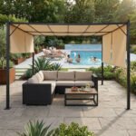 Pergola 3x4 m su plienine konstrukcija ir smėlio spalvos stogeliu – Paveikslėlis 3
