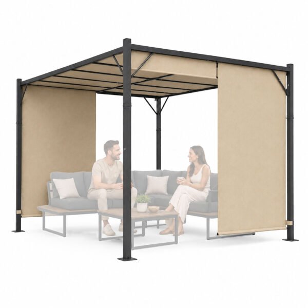 Pergola 3x4 m su plienine konstrukcija ir smėlio spalvos stogeliu