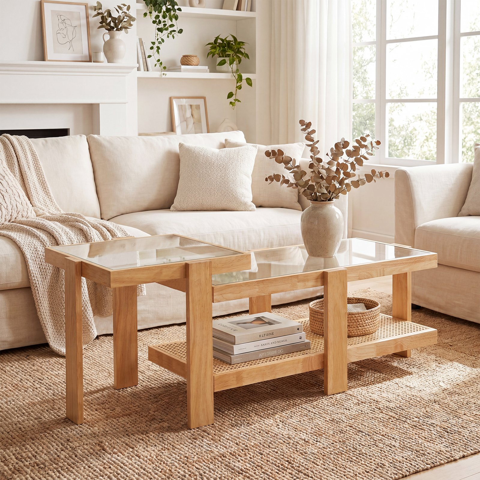 Žurnaliniai staliukai sustatomi Boho stiliaus su grūdinto stiklo plokšte (Natūrali) Žurnaliniai staliukai sustatomi Boho stiliaus su grūdinto stiklo plokšte (Natūrali)