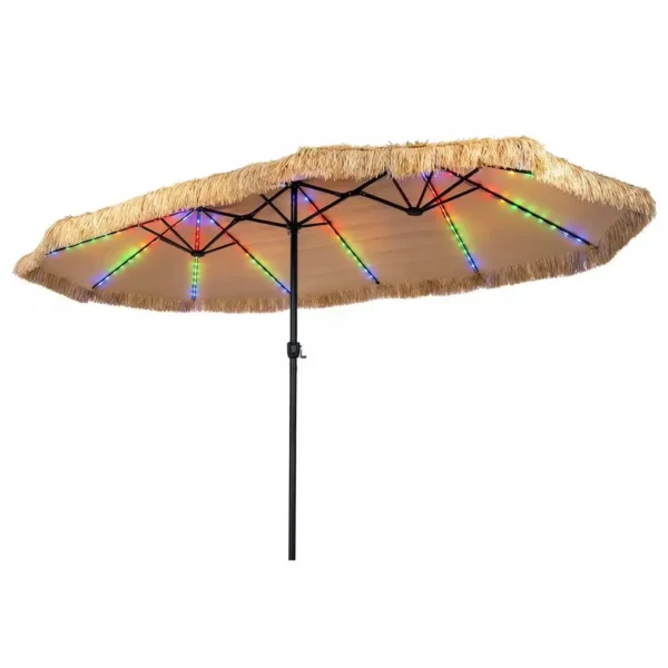 Didelis dvigubas sodo skėtis su šiaudų imitacija ir LED apšvietimu (Ruda)