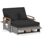 Lauko sofa dvivietė rotango pinta su universalios paskirties pufu (Juoda)
