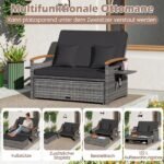 Lauko sofa dvivietė rotango pinta su universalios paskirties pufu (Juoda) – Paveikslėlis 8