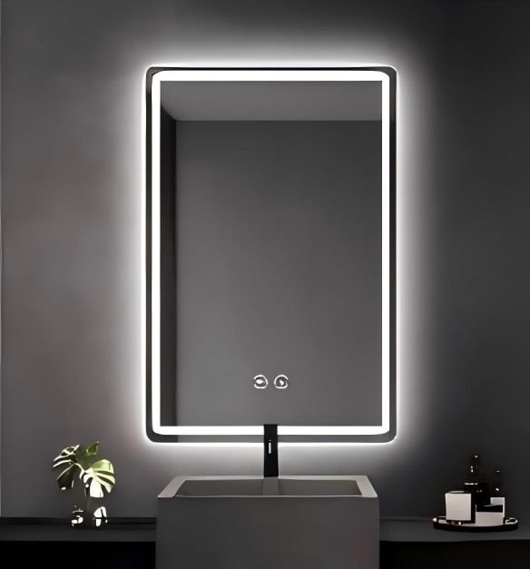 Pakabinamas vonios veidrodis su LED apšvietimu ir rūko šalinimo funkcija (Sidabrinė)