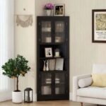 Aukšta kampinė spintelė su stiklinėmis durelėmis ir reguliuojamomis lentynomis (Juoda) – Paveikslėlis 2