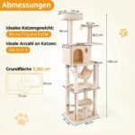 Daugiaaukštė kačių draskyklė su nameliu ir sizalio stulpais 168 cm (Smėlio spalvos) – Paveikslėlis 2