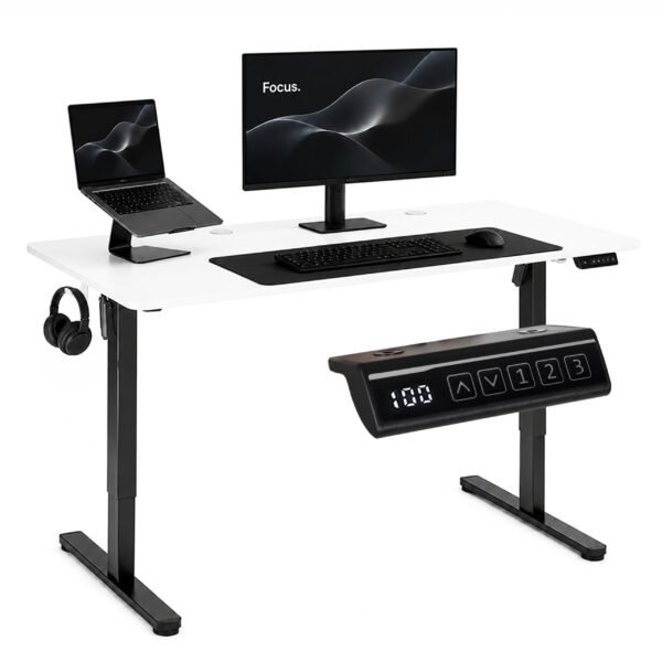 Elektrinis reguliuojamo aukščio stalas 140x60 cm baltas stalviršis