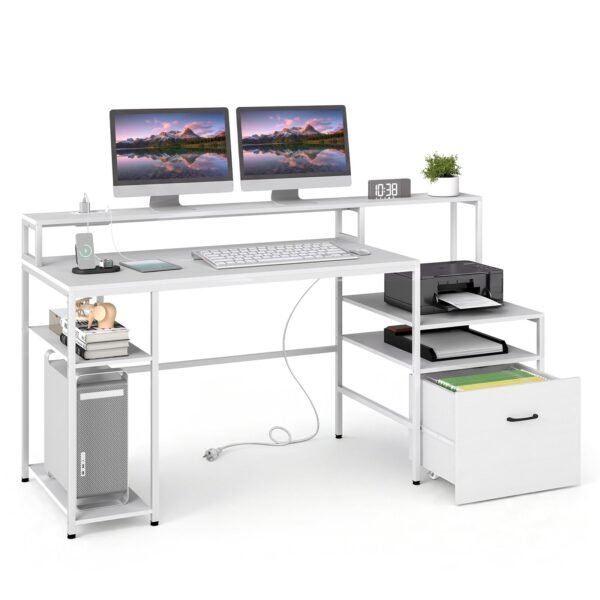 Kompiuterio stalas su įkrovimo stotele ir monitoriaus stovu ergonomiškas (Balta)