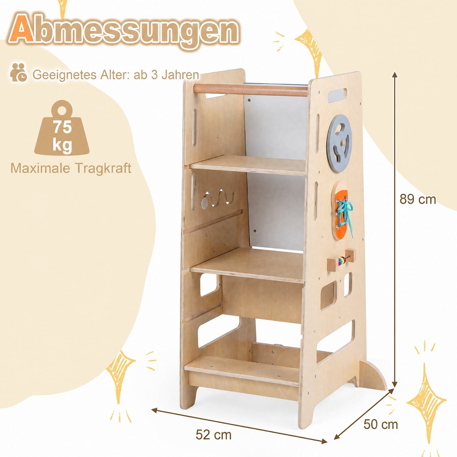 Montessori mokymosi bokštelis reguliuojamo aukščio 4 viename (Natūrali)