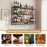 Sieninė vyno lentyna su trimis lygiais ir taurių laikikliu (Juoda) – Paveikslėlis 4