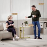 Šoninis staliukas C formos, siauras, stumdomas po sofa, su 2 lentynomis – Paveikslėlis 9