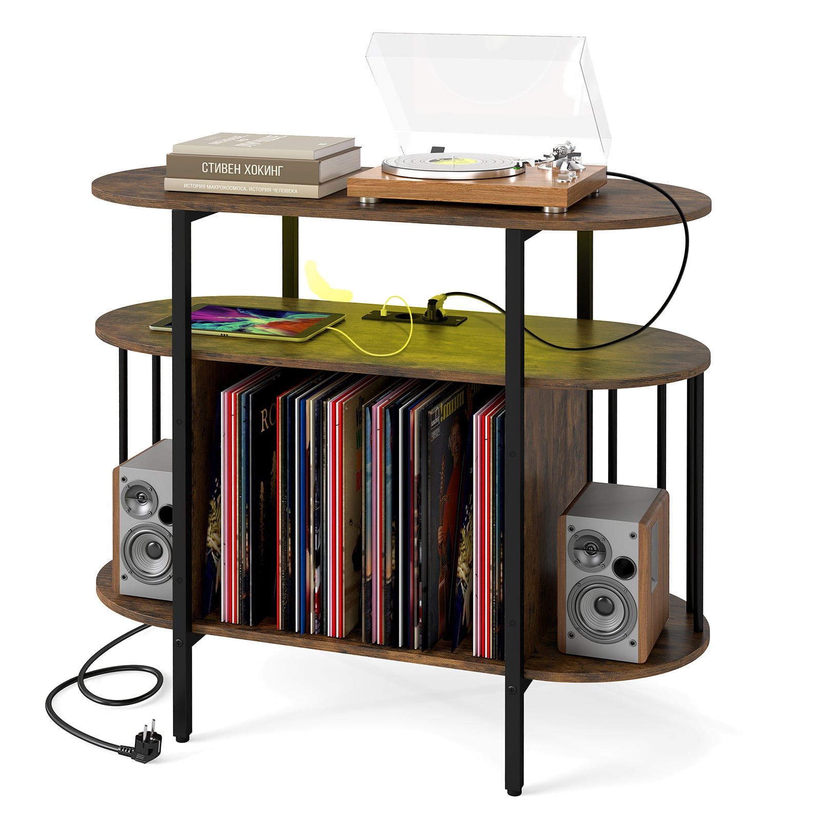 Staliukas vinilinių plokštelių grotuvui su reguliuojama LED šviesa ir įkrovimo stotele (Kaimiška ruda)