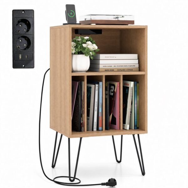Vinilo grotuvo staliukas su įkrovimo stotele ir plokštelių laikikliu (Natūrali)