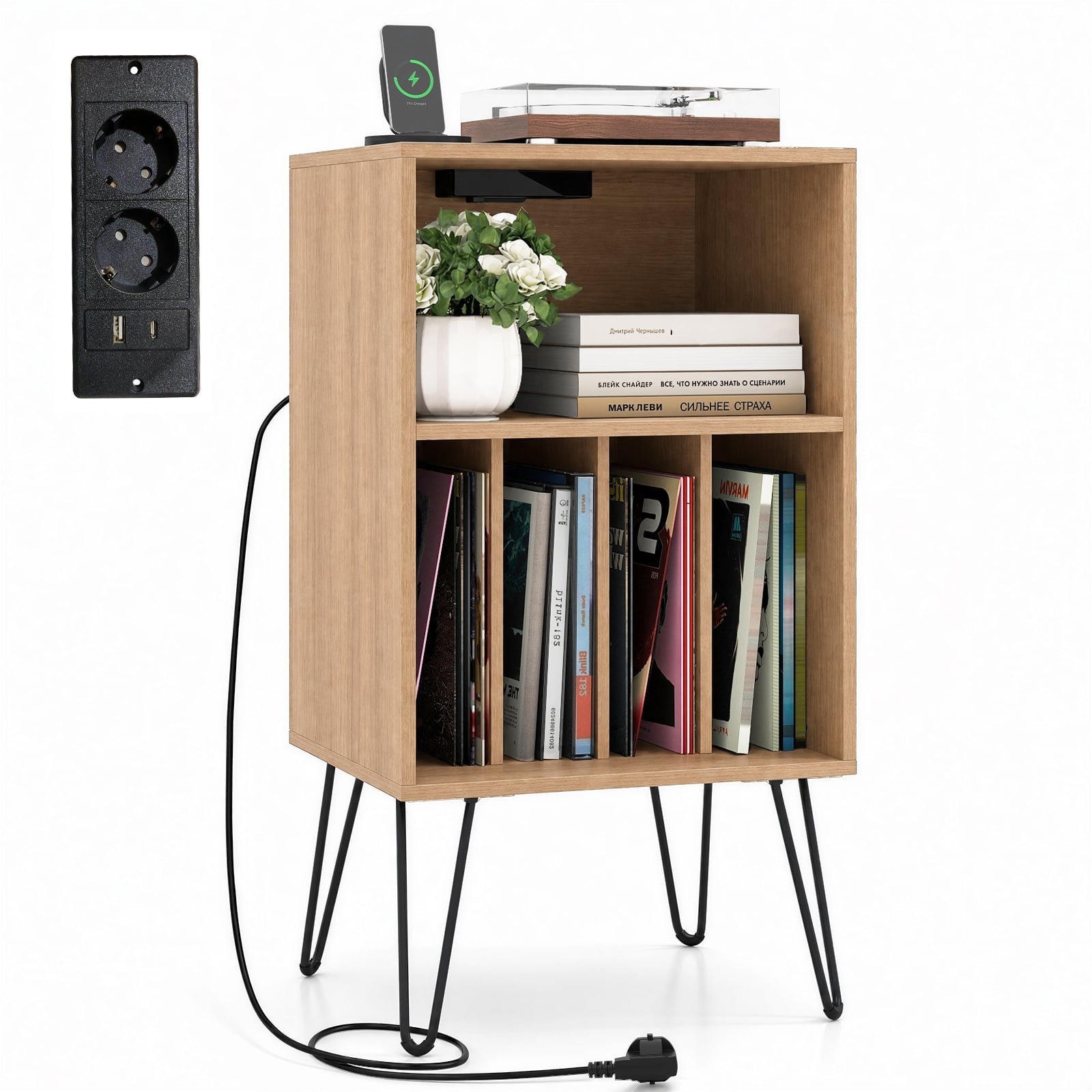 Vinilo grotuvo staliukas su įkrovimo stotele ir plokštelių laikikliu (Natūrali)