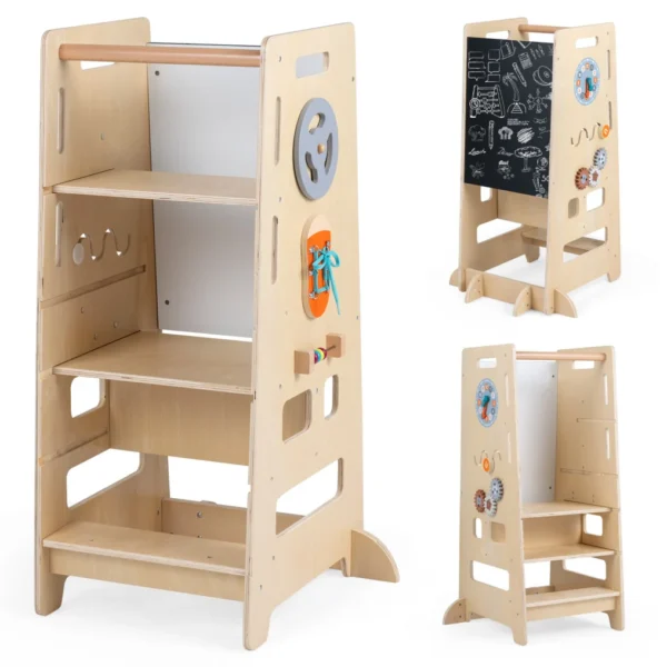 Montessori mokymosi bokštelis reguliuojamo aukščio 4 viename (Natūrali)