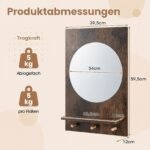 Apvalus sieninis veidrodis su integruota lentyna ir kabliukais (Rustikinė ruda) – Paveikslėlis 2