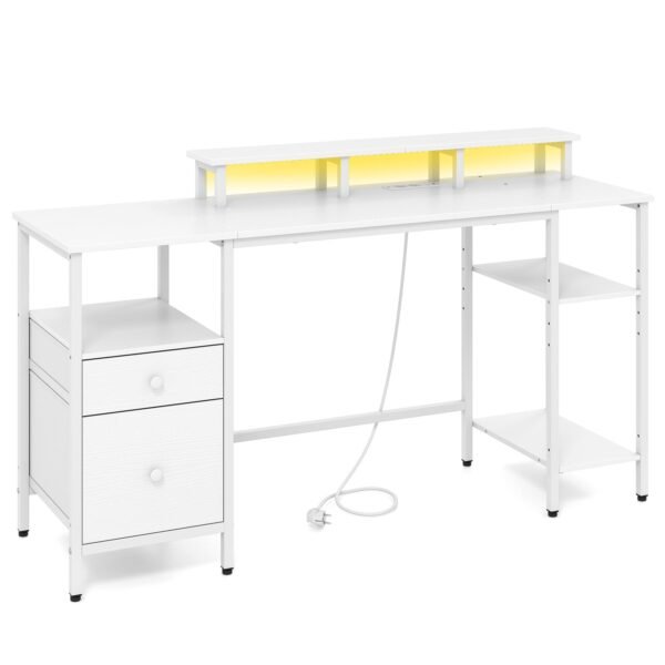 Darbo stalas ergonomiškas su integruotu LED apšvietimu ir elektros lizdais (Balta)
