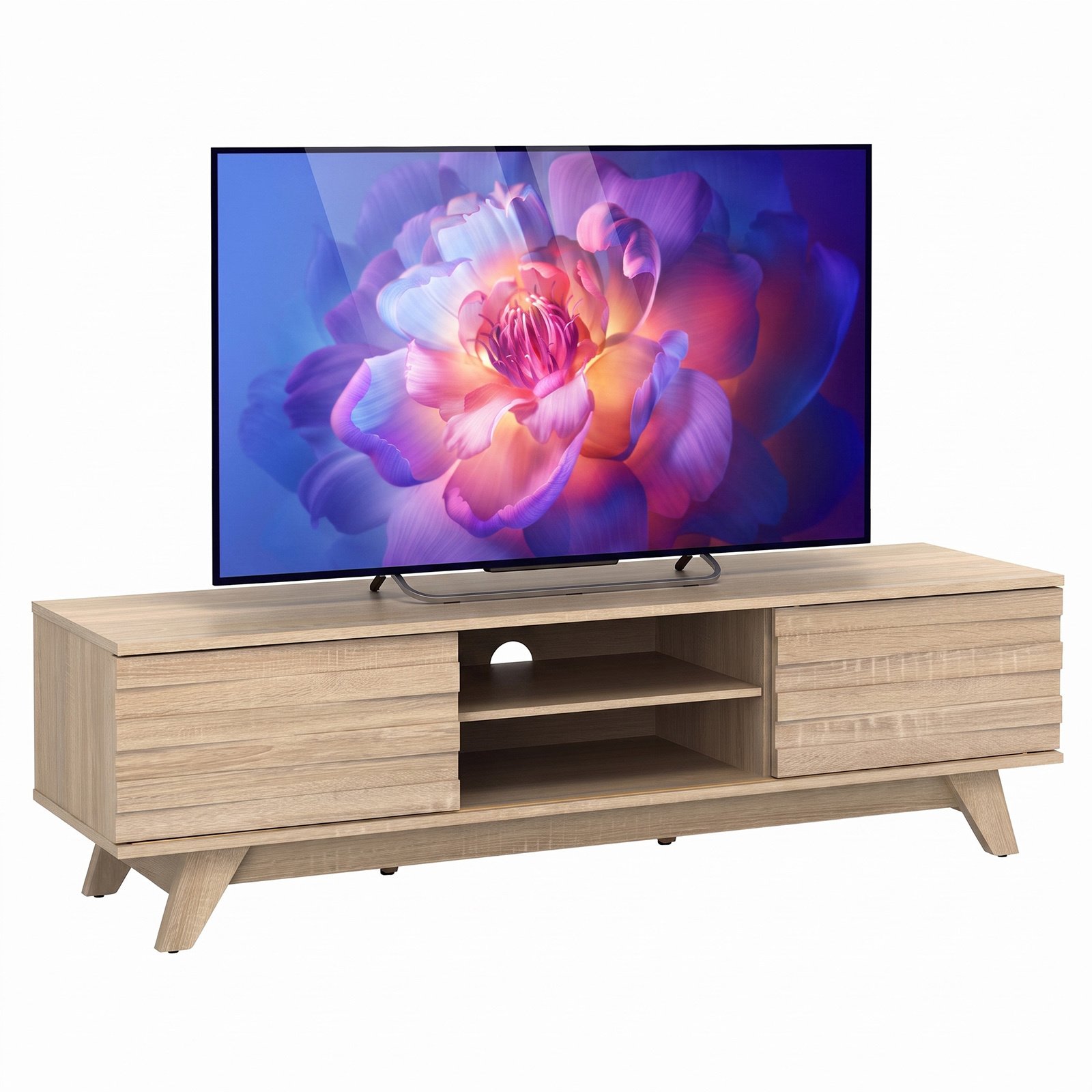 Erdvus TV staliukas su slankiosiomis durelėmis ir reguliuojamomis lentynomis (Ąžuolo pilka) Erdvus TV staliukas su slankiosiomis durelėmis ir reguliuojamomis lentynomis (Ąžuolo pilka)