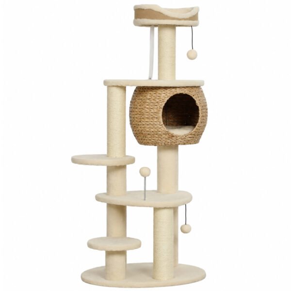 Kratzbaum Groß 132 cm hoch Katzenbaum mit Rohrkolben-Höhle Kratzstämmen Bett 3 Spielbällen Kippschutz 1-2 Katzen bis 6kg