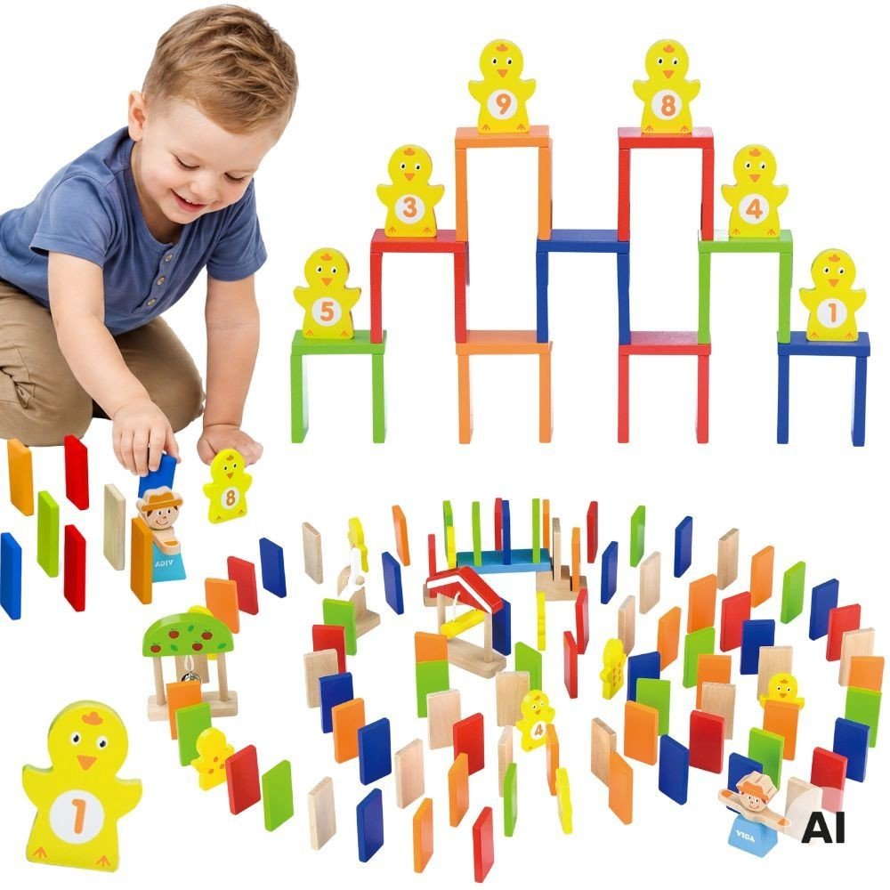 Medinis domino kaladėlių rinkinys trasoms su 116 detalių