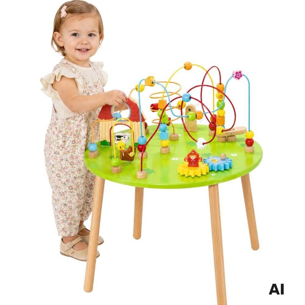 Medinis edukacinis staliukas su sensorinėmis veiklomis ir karoliukų labirintu