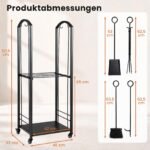 Metalinė malkinė ant ratukų su kamino įrankių rinkiniu (Juoda) – Paveikslėlis 2
