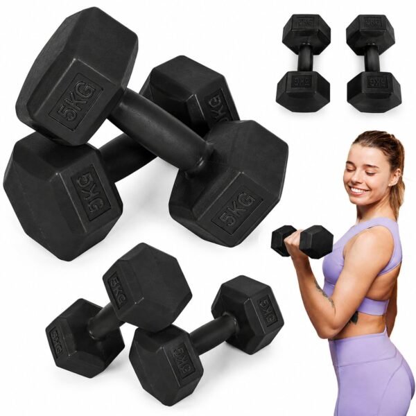 Šešiakampiai hanteliai treniruotėms 2x5 kg juodi