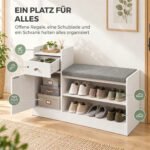 Batų suoliukas su minkšta pagalvėle, stalčiumi ir lentynomis 90x30x68 cm – Paveikslėlis 5