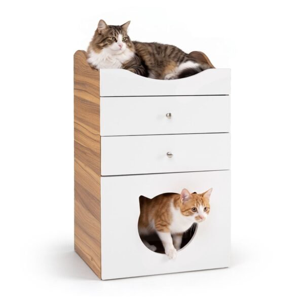Katinų namelis su stalčiais ir minkšta pagalve (Balta natūrali)