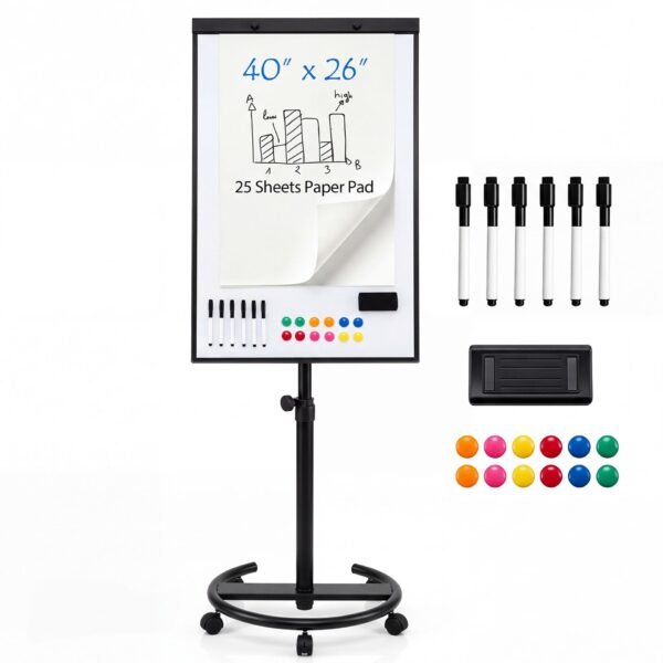 Mobilus flipchart stovas su ratukais ir reguliuojamu aukščiu (Juoda)
