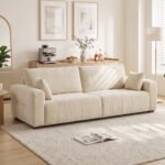 Trivietė sofa su aksominiu audiniu ir medinėmis kojelėmis – Paveikslėlis 2