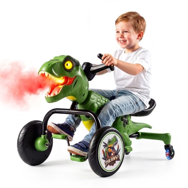 Vaikiškas minamas kartingas dinozauro formos su šviesos ir garso efektais (Žalia)