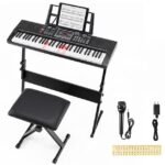 Elektroninis pianinas su 61 klavišu stovu kėdute ir mikrofonu (Juoda)