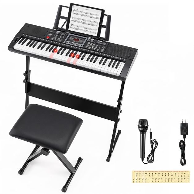 elektroninis-pianinas-su-61-klavisu-stovu-kedute-ir-mikrofonu-juoda Elektroninis pianinas su 61 klavišu stovu kėdute ir mikrofonu (Juoda) – Paveikslėlis 1